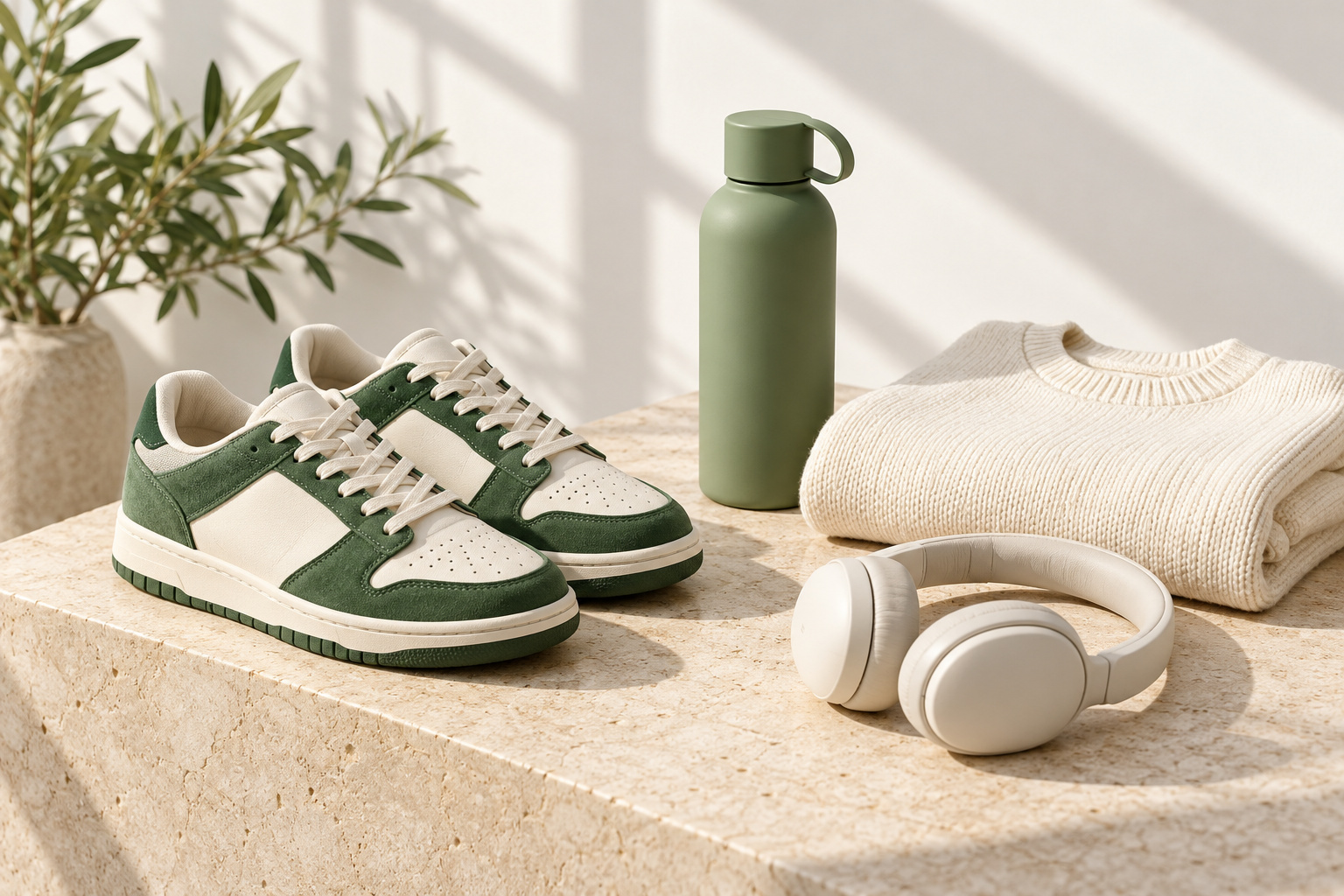 Everyday favorites: green sneakers, a bottle, a sweater, and headphones